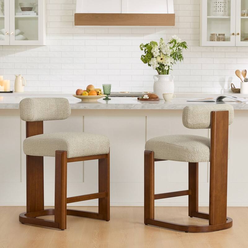 Spruce & Spring Arya Upholstered Boucle Counter Stool with Solid Wood Frame - Set of 2 - Oatmeal-Walnut