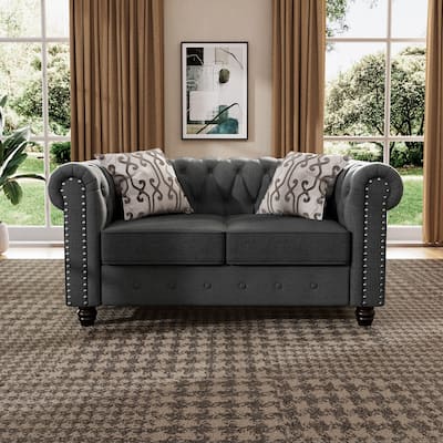 Morden Fort Linen Chesterfield Loveseat with Button Tufted, Nailhead and Solid Wood Legs for Living Room