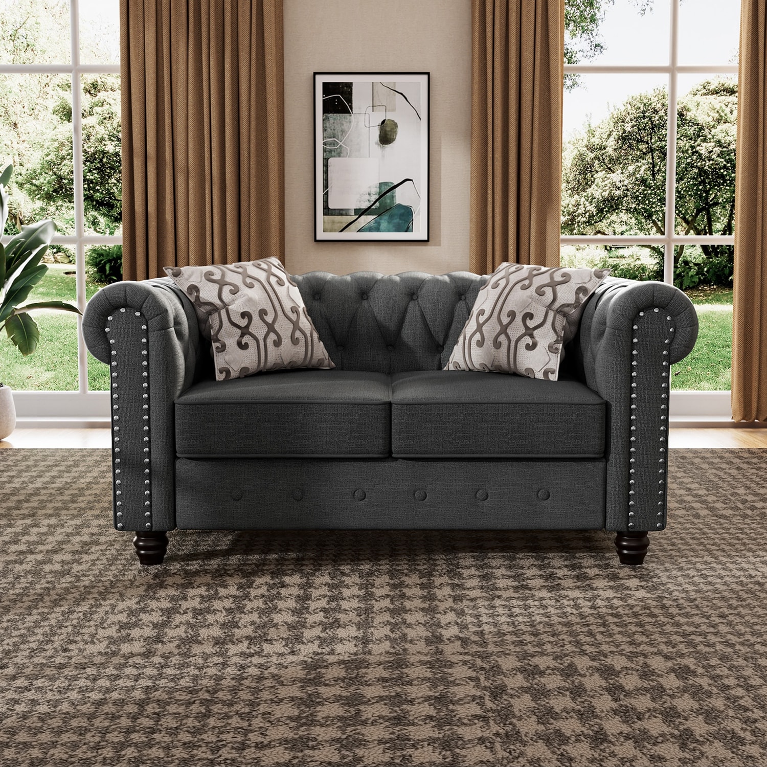 Morden Fort Linen Chesterfield Loveseat with Button Tufted, Nailhead and Solid Wood Legs for Living Room