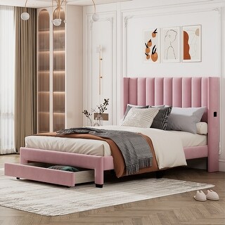 Queen Size Velvet Upholstered Platform Storage Bed with a Big Drawer ...