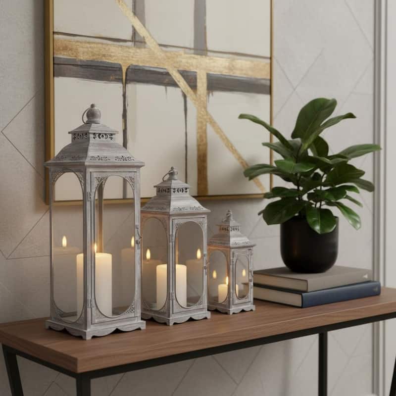 Set of Three Clear And Gray Glass And Metal Tabletop Lantern Candle Holders - Clear/Gray