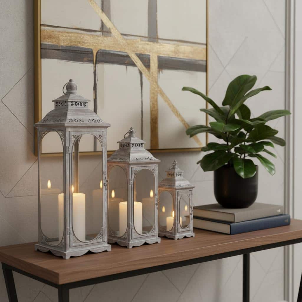 Set of Three Clear And Gray Glass And Metal Tabletop Lantern Candle Holders