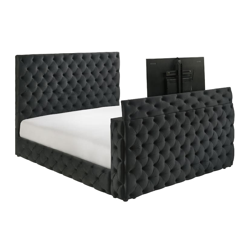 Meri King Bed with Lift TV Stand, Tufted Black Velvet Upholstery