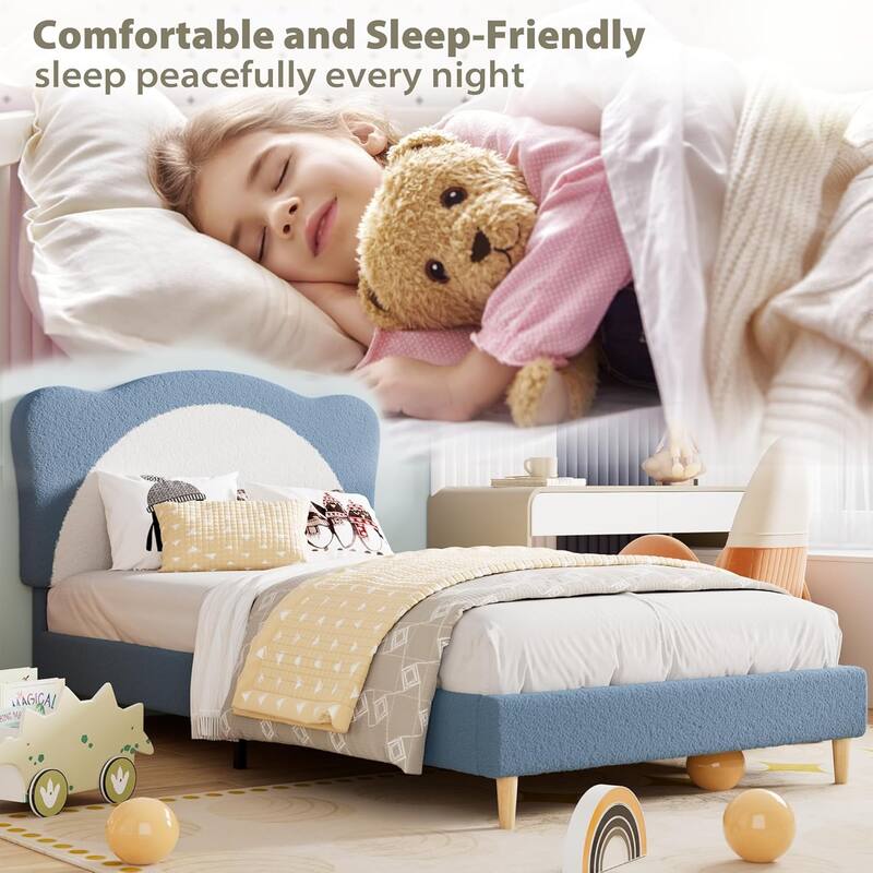 Velvet Kids Bed Frame with Adjustable Scallop Headboard, Princess Style Platform Bed, Solid Wood Slats