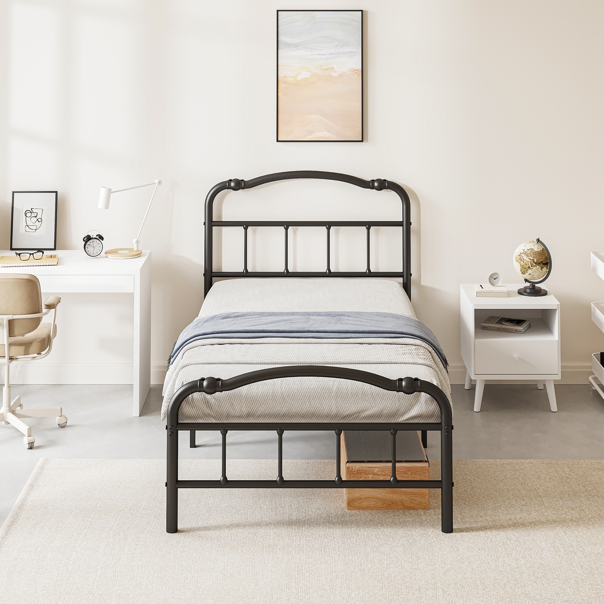 Heavy Duty Anti-Sway 18 Inch High Steel Tube Iron Bed, Double Wave Headboard And Footboard