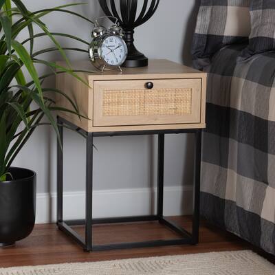 Baxton Studio Amelia Mid-Century Modern Transitional Natural Brown Finished Wood and Natural Rattan 1-Drawer End Table