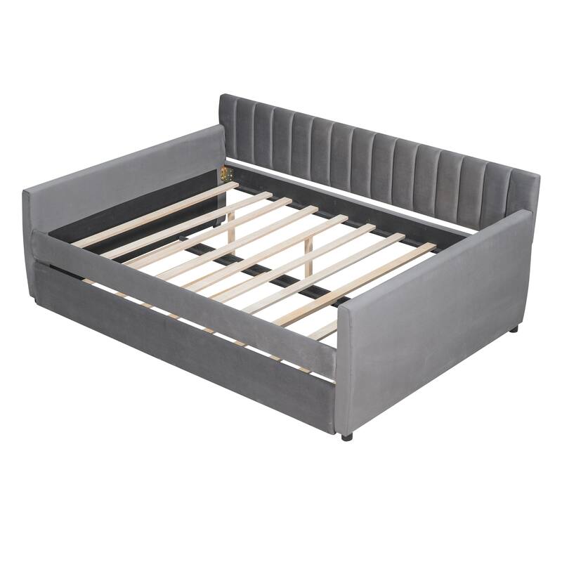 Elegant Velvet Upholstered Daybed, Full Size with Trundle, Sturdy Wood Slat Frame, Easy Assembly