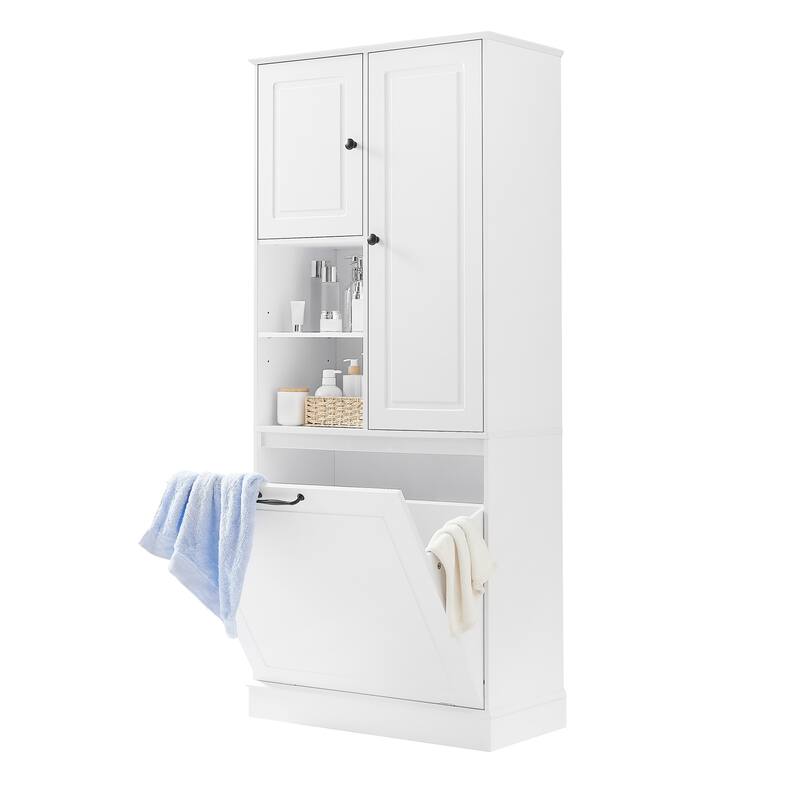 Roomfitters 67" Tall Storage Cabinet with Flip-Out Basket & Adjustable Shelves, MDF Linen Tower for Bathroom & Office