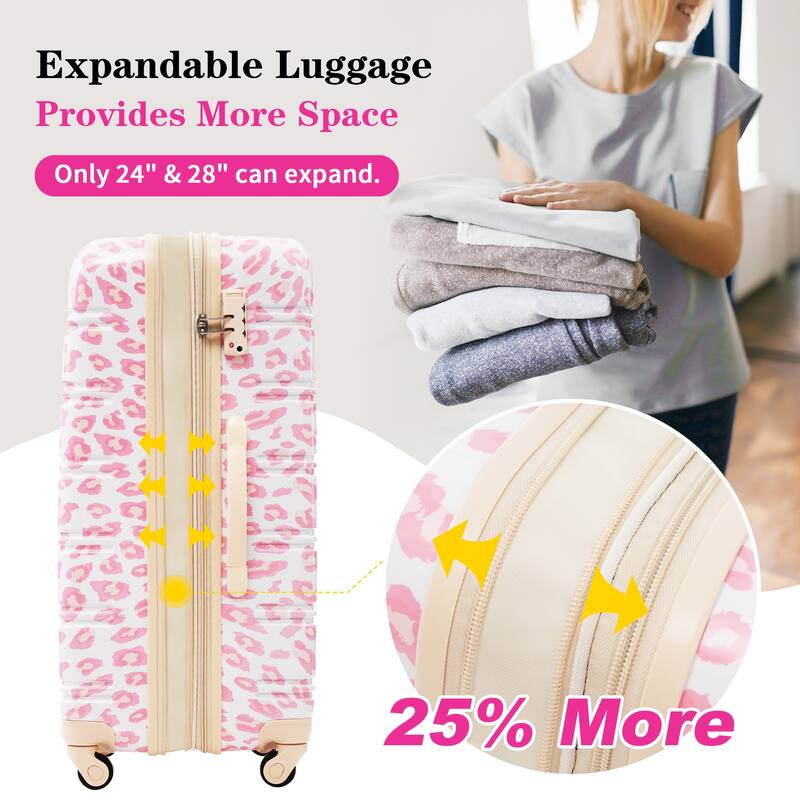 3-Piece, Modern Luggage Sets, Expandable Luggage with Silicone Handles and TSA Lock, for Boarding Travel, Pink Leopard