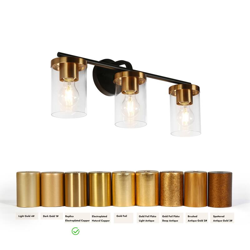 Modern 3-Light Black Gold Wall Sconces Cylinder Clear Glass Vanity Light for Bathroom - 23.6" L x 6.3" W x 9.4" H