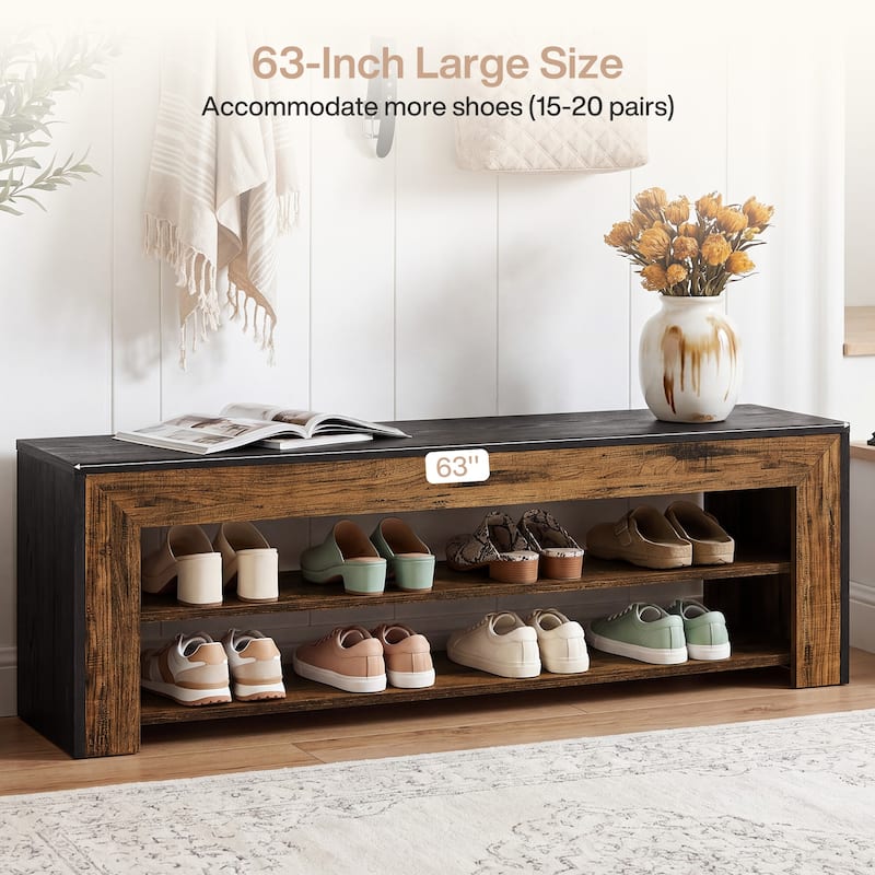 63" Entryway Bench with Shoe Storage, Wooden 3-tier Shoe Rack Bench