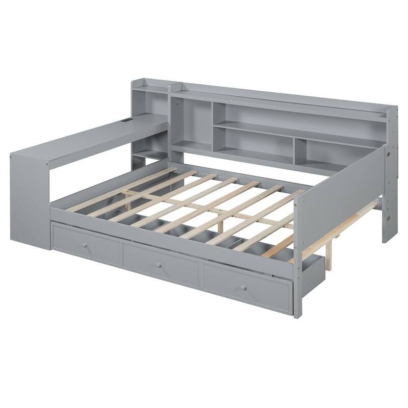 Twin/Full Daybed with 3 Storage Drawers and Bedside Desk, Wooden Day Bedframe Sofa Bed with Storage Shelves and USB Ports