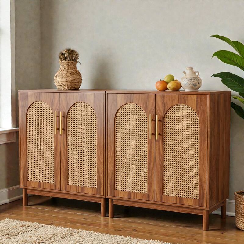 Modern Rattan Sideboard Buffet Cabinet with Storage, 4 Door Credenza for Dining Room Living Room Coffee Bar