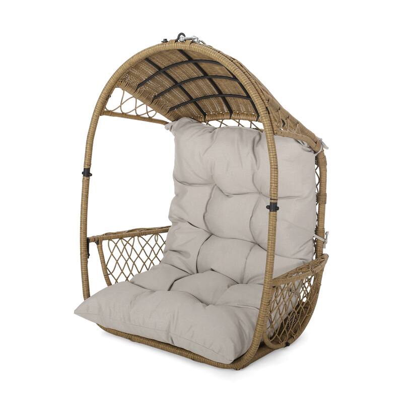 Roomfitters Outdoor Hanging Wicker Egg Chair, Teardrop Rattan Swing Seat with Plush Cushion and Steel Chain for Patio, Brown