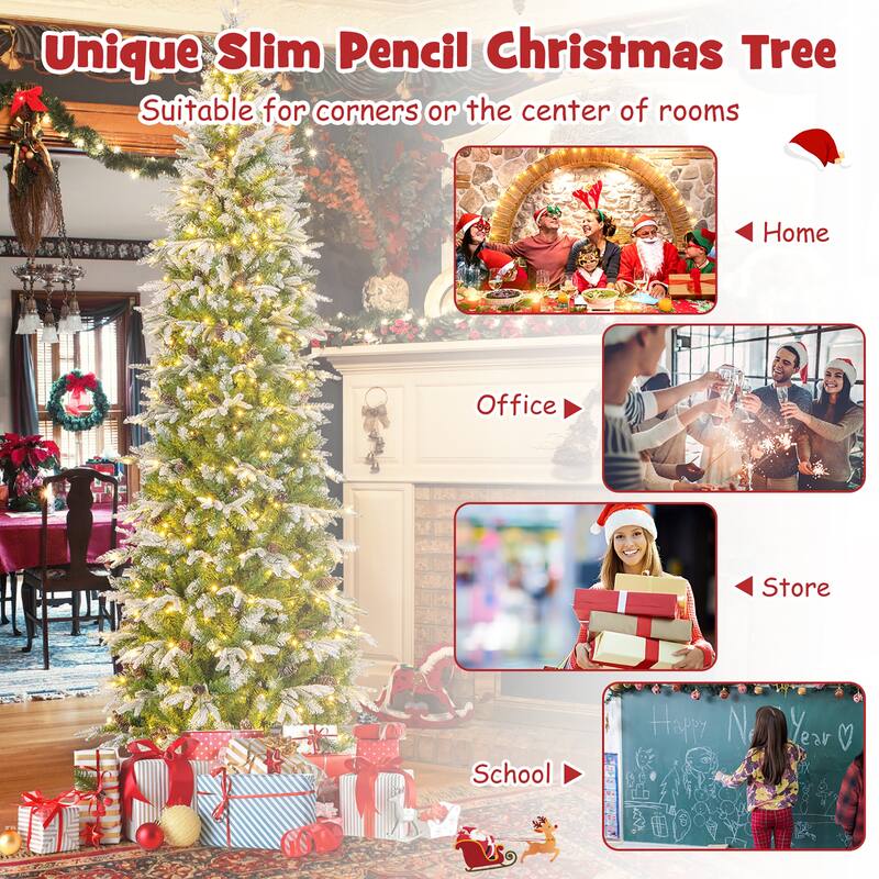 Gymax 6/7.5/9 FT Pre-Lit Artificial Christmas Tree Snow Flocked Hinged