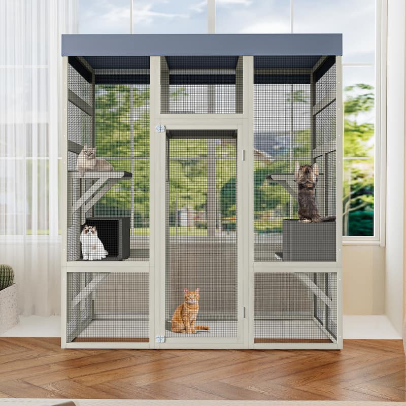 Large Outdoor Wooden Catio Cat Enclosure, Cat House with Weatherproof Roof, Cats Shelter with 5 Platforms & 2 Resting Box - Gray