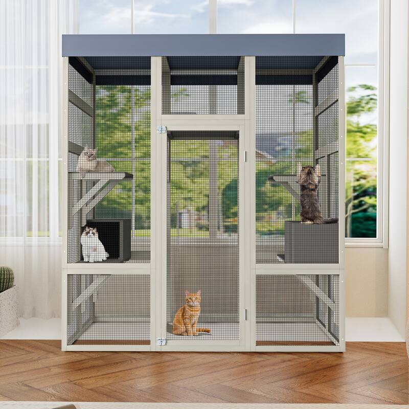 Outdoor Wooden Catio for Cats, Large Cat Shelter Enclosure, Secure Pet Cage with Waterproof Roof, 2 Cat Houses & Platforms