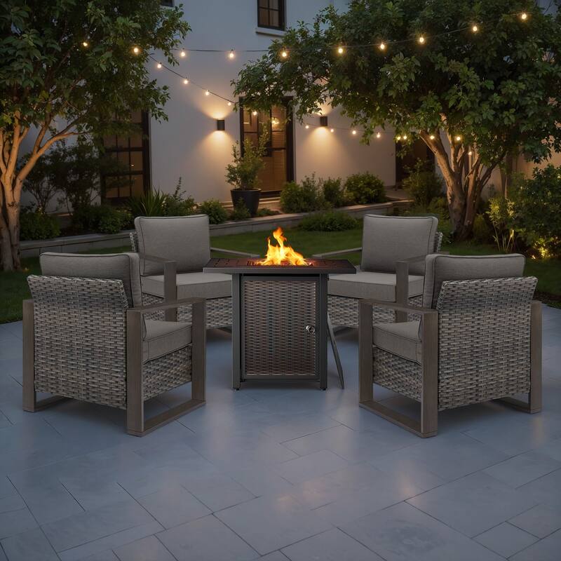 Meyreso 5-Piece Wicker Patio Conversation Set with Metal Fire Pit & Plush 4.5" Olefin Cushions - Gray Wicker - Gray Cushions