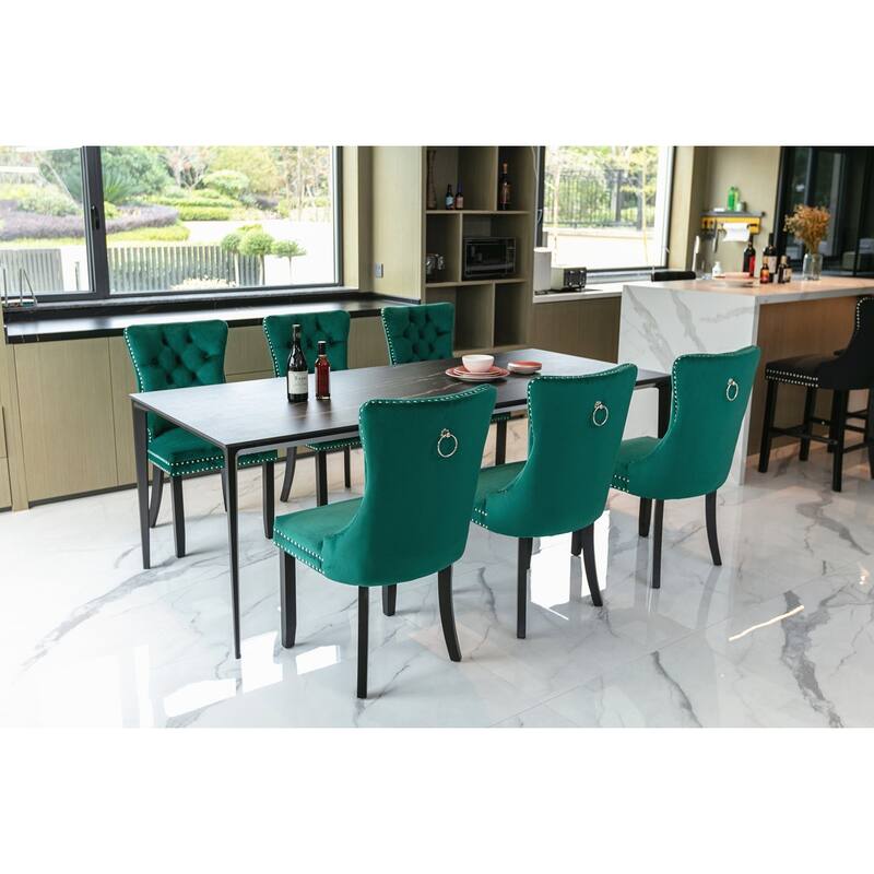Set of 2 Velvet Upholstered Dining Chairs with Nailhead Trim and Wooden Legs