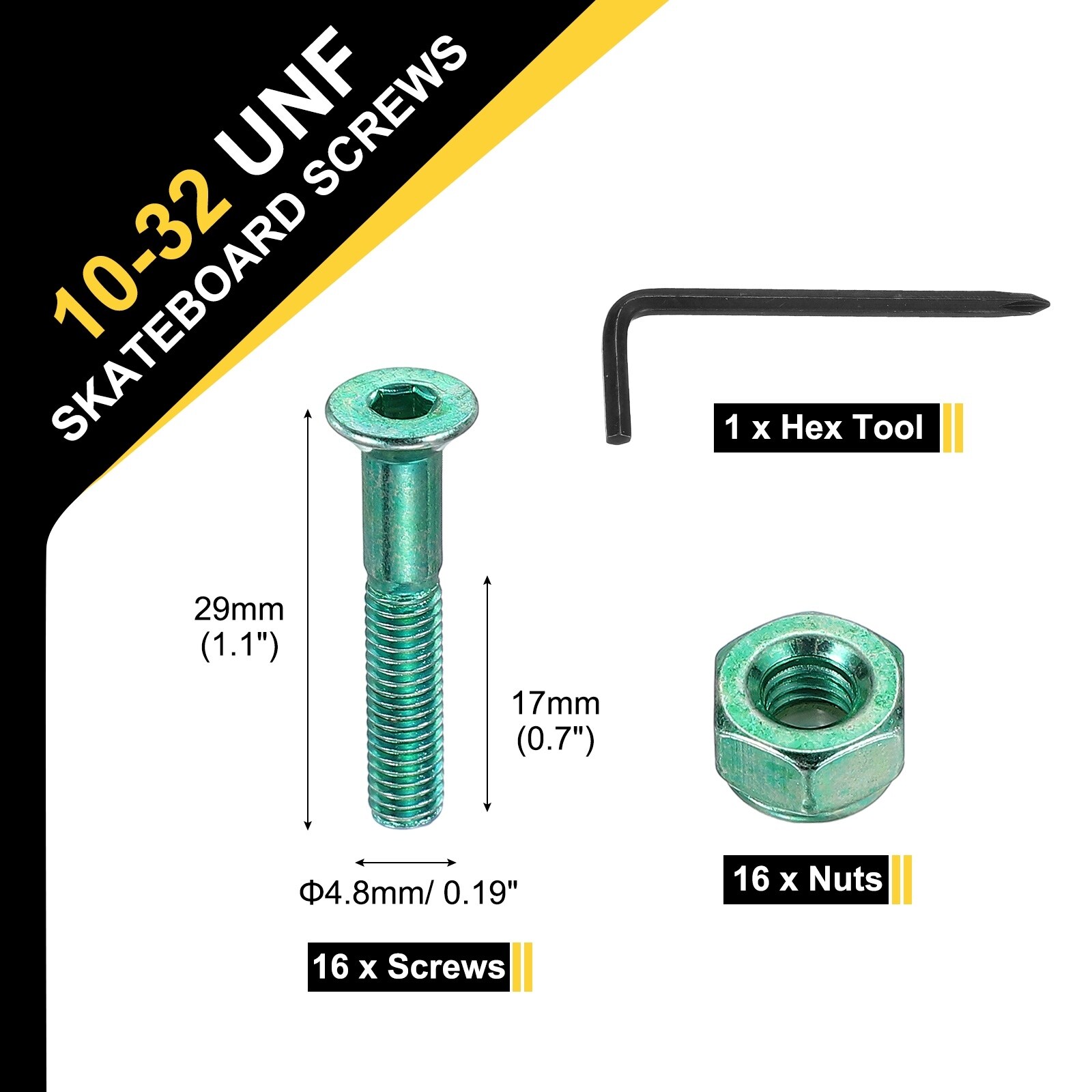 Skateboard Hardware Kit, Mounting Screw Bolts Nuts Set with Hex Key for Skateboard Cruiser
