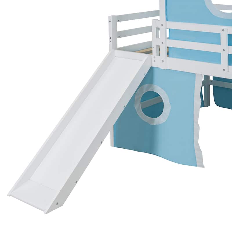 Blue Full Size Solid Wood Loft House Bed with Slide Tent, Tower, Ladder, and Fence Baffle for Bedroom