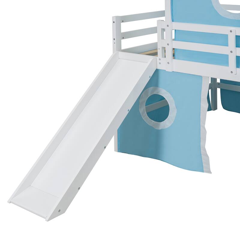 Solid Wood Loft House Bed with Slide Tent, Tower, Ladder, and Fence Baffle for Bedroom