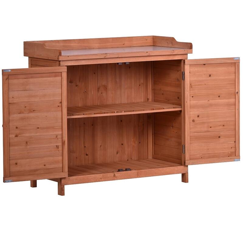 39" Wooden Rustic Potting Bench Table, Storage Cabinet Garden Shed with 2-Tier Shelves and Side Hook
