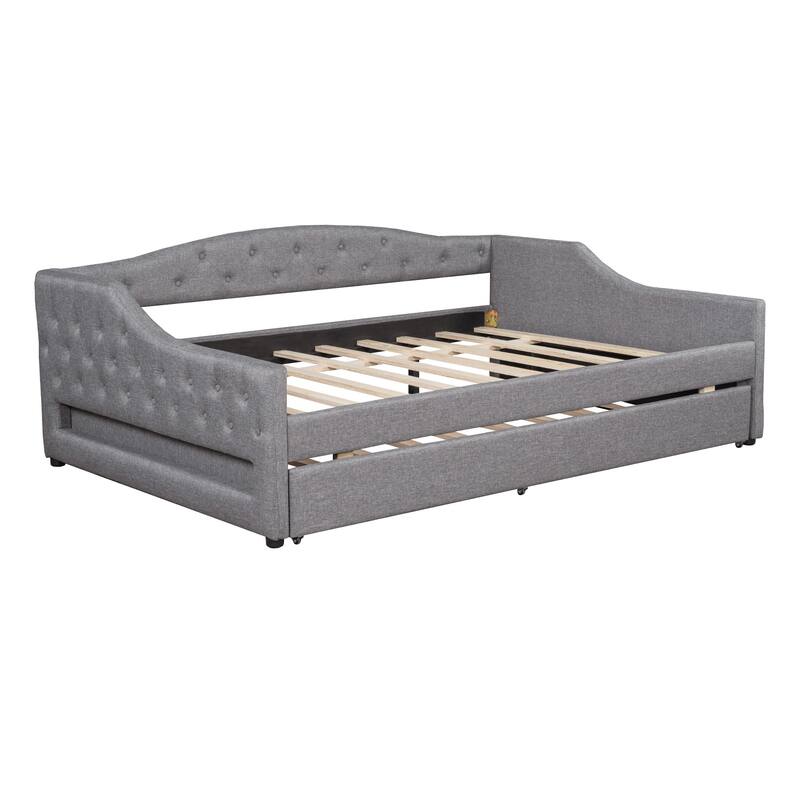 Full XL Size Upholstered Daybed with Linen Cover Backrest & Trundle, Wood Sofa Bed Frame with LED Lighting, No Box Spring Needed
