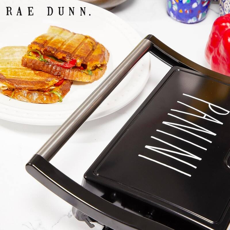 Rae Dunn Panini Maker 750 Watt 2-Slice Press Grill with Indicator Lights Opens 180 Degrees Double Sided Heating Non-stick