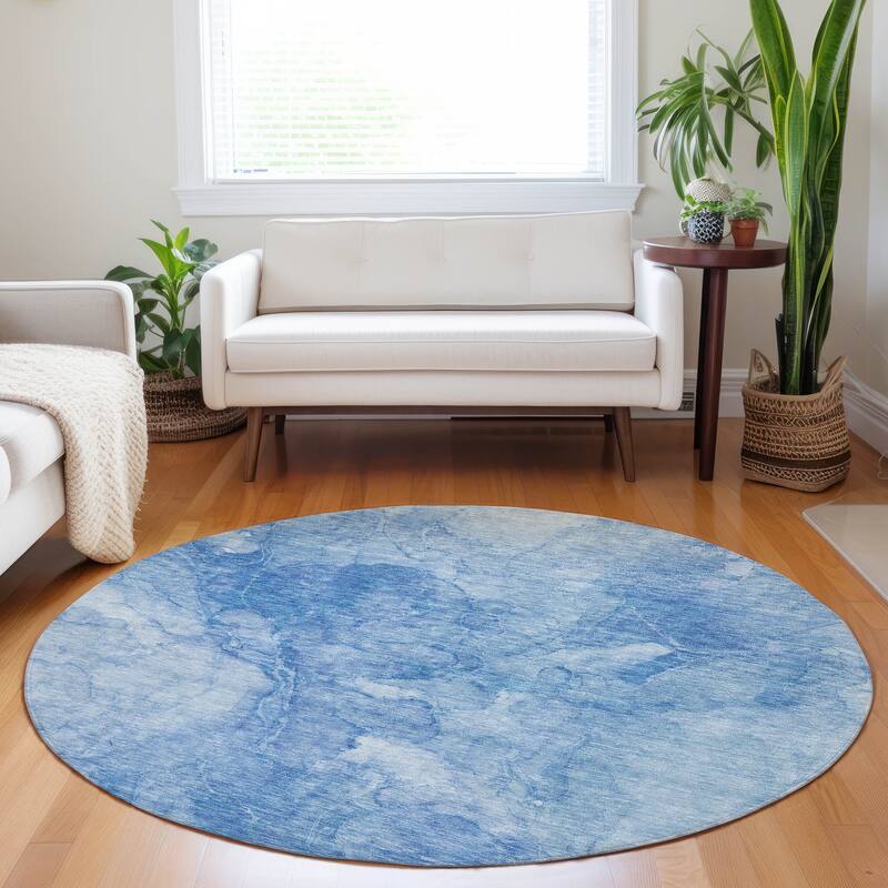 Machine Washable Indoor/ Outdoor Chantille Abstract Watercolor Rug - Blue - 8' x 8'