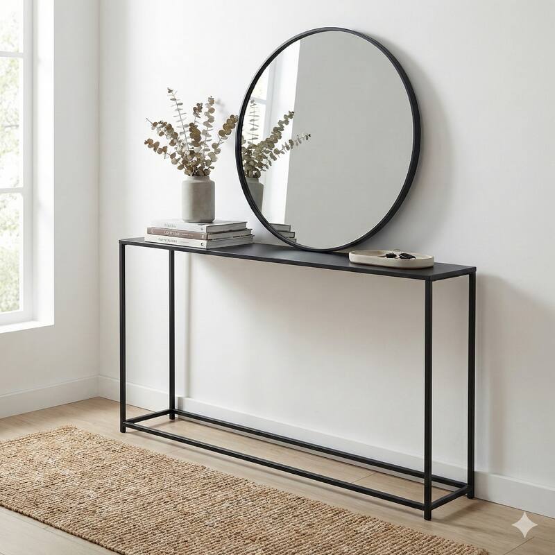 Eme 56 Inch Console Sofa Table, Rectangular Top, Modern Black Metal Frame