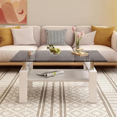 Rectangle Coffee Table, Tempered Glass Tabletop with MDF Layer, Modern Table for Living Room , Gray Glass