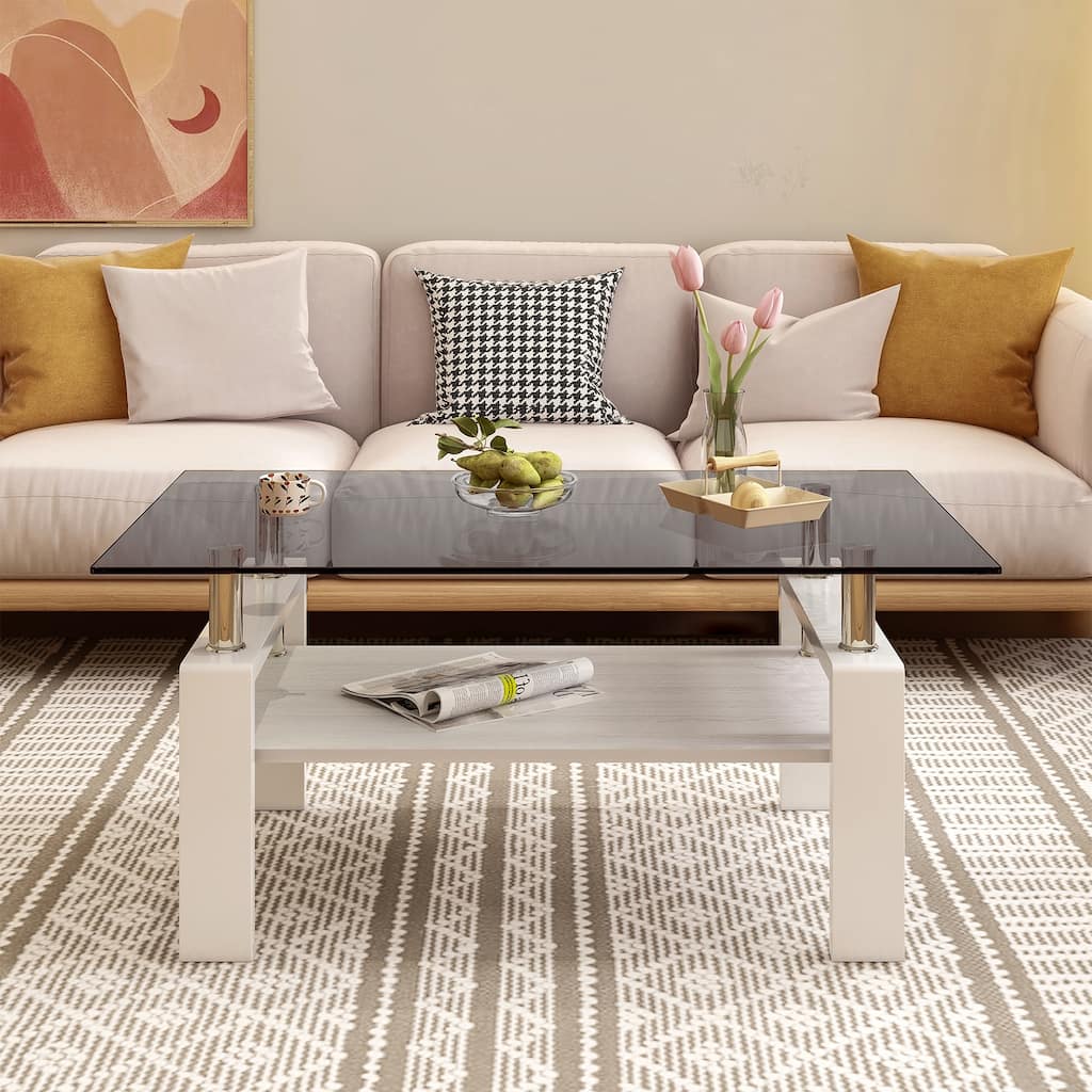 Rectangle Coffee Table, Tempered Glass Tabletop with MDF Layer, Modern Table for Living Room
