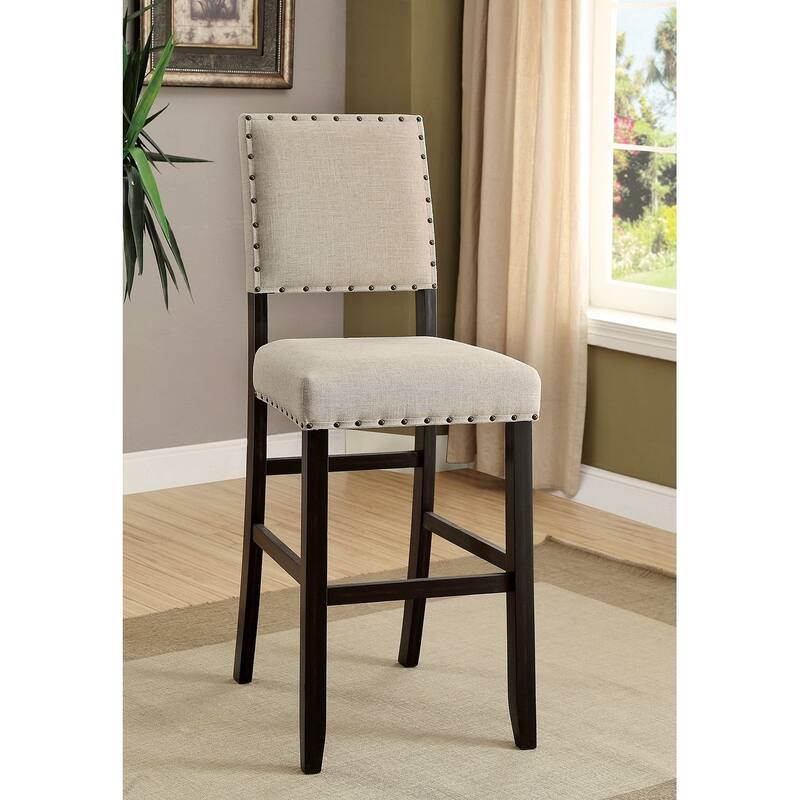 2-Piece Rustic Counter Height Bar Chair Set - Ivory Fabric with Nailhead Trim & Distressed Black Finish