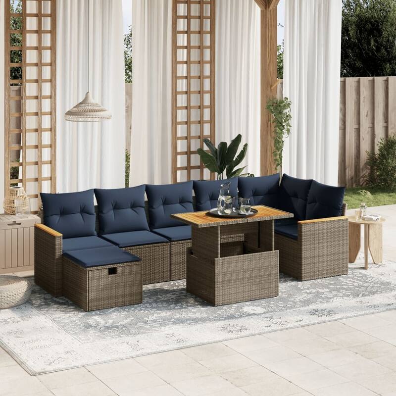 vidaXL Patio Sofa Set with Cushions Outdoor Furniture 8 Piece Poly Rattan - Grey - 21.7 x 24.4 x 27.2