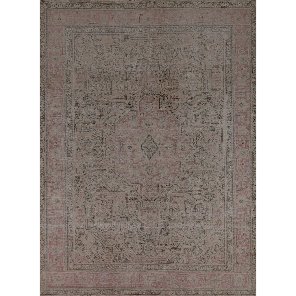Geometric Beige Tabriz Persian Vintage Rug Hand-Knotted Wool Carpet - 7'10" x 11'0"