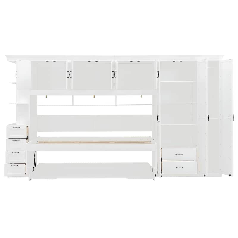 Space-Saving Twin Murphy Bed with Wardrobe, Desk, and Storage, White