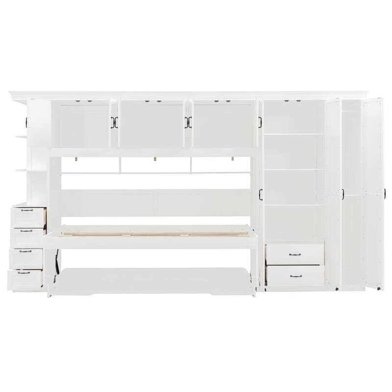 Versatile Twin Size Murphy Bed Fold-down Storage Wall Bed with Temporary Desk, Top Cabinets, Side Wardrobe, Drawers and Shelves