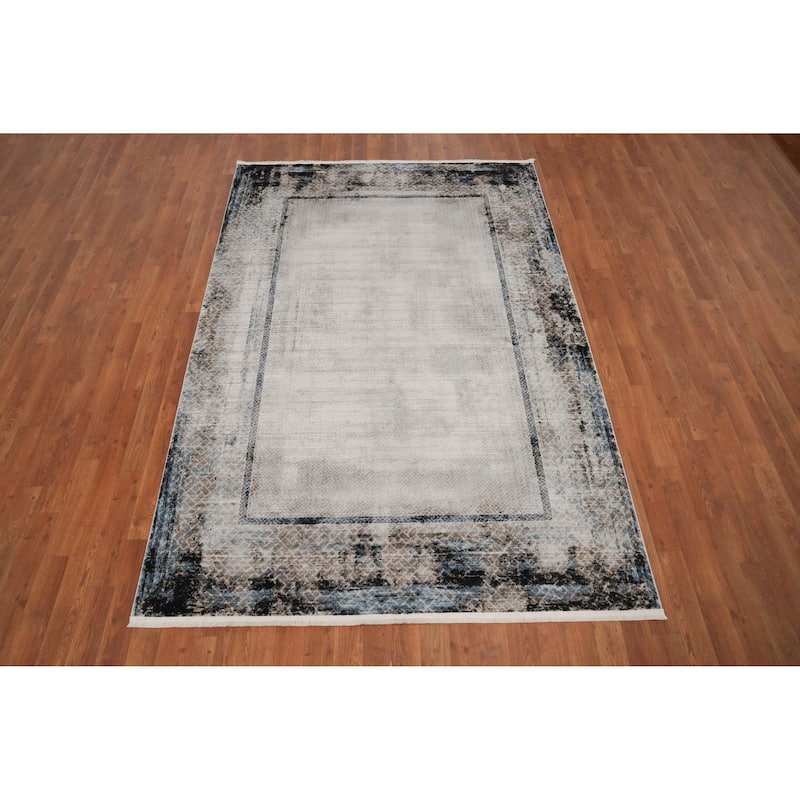 Machine Made Oriental Polyester Carpet Geometric Greys & Charcoal Distressed Area Rug - 7' 5'' X 5' 2''