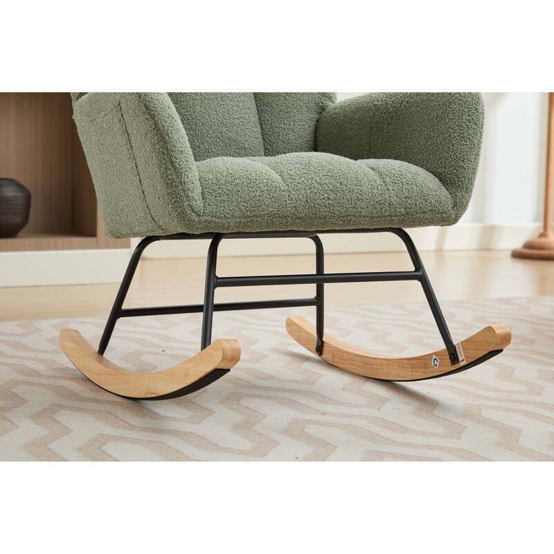 Teddy Fabric Rocking Chair with Solid Wood Legs and High Backrest
