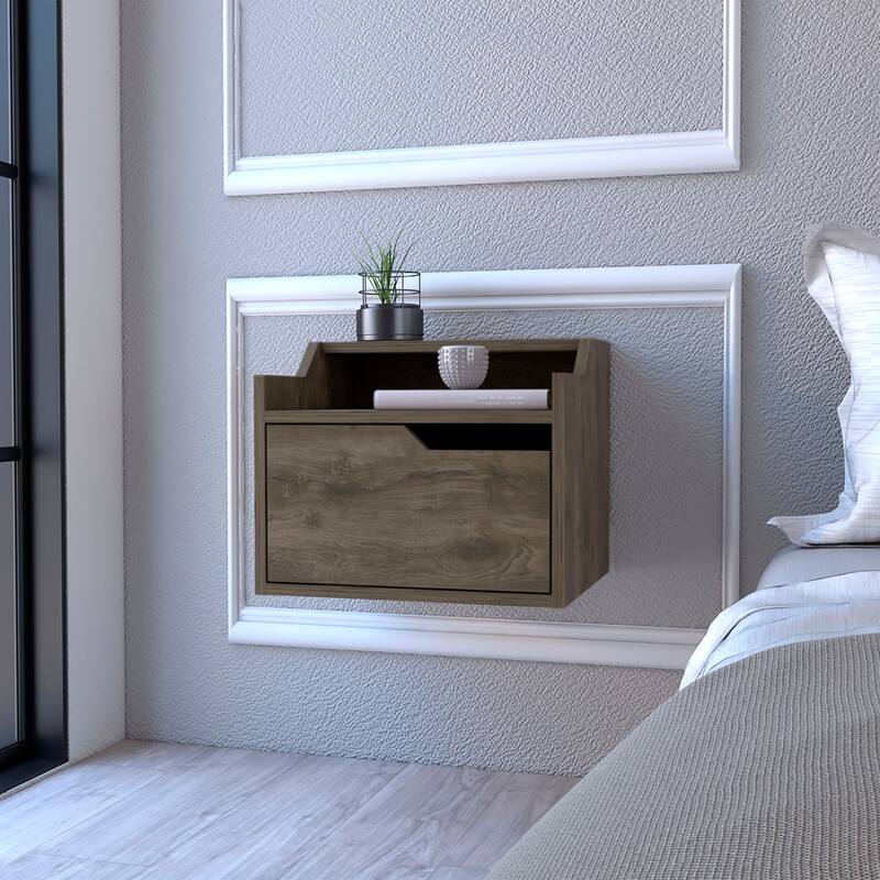 Wall-Mounted Floating Nightstand with Spacious Drawer and Dual-Tier Surface, Dark Brown