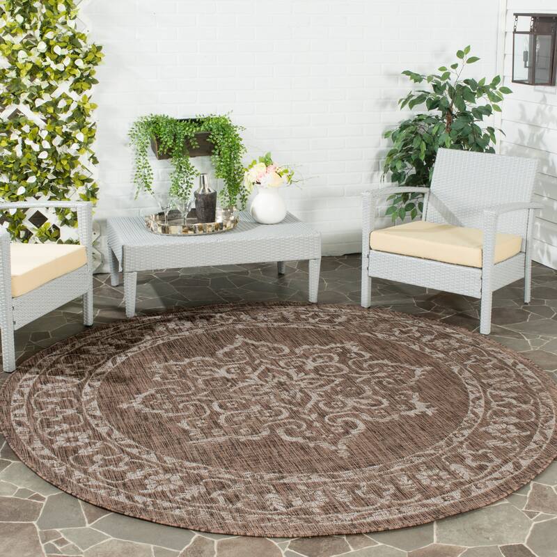 SAFAVIEH Courtyard Divna Medallion Indoor/ Outdoor Waterproof Patio Backyard - 6'7"x6'7" Round - Brown/Beige