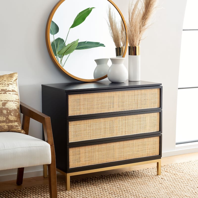 SAFAVIEH Tiney 3-Drawer Rattan Chest - Black/Natural/Gold