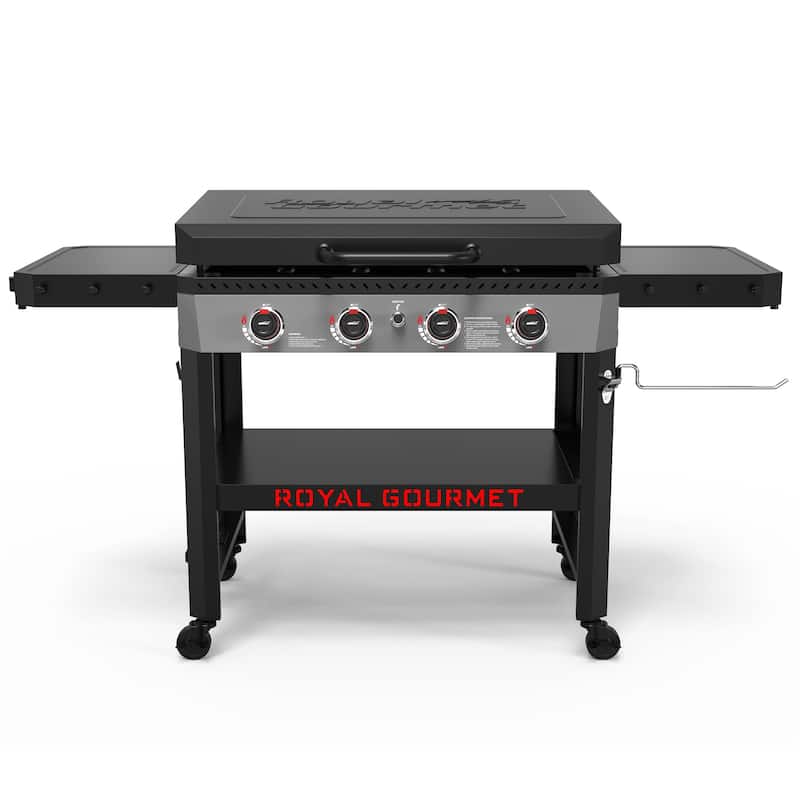 Royal Gourmet GB4005P 34-Inch 4-Burner Propane Gas Griddle with Hood & Collapsible Side Shelves and Storage Basket, 52,000 BTU - Black - Propane Gas