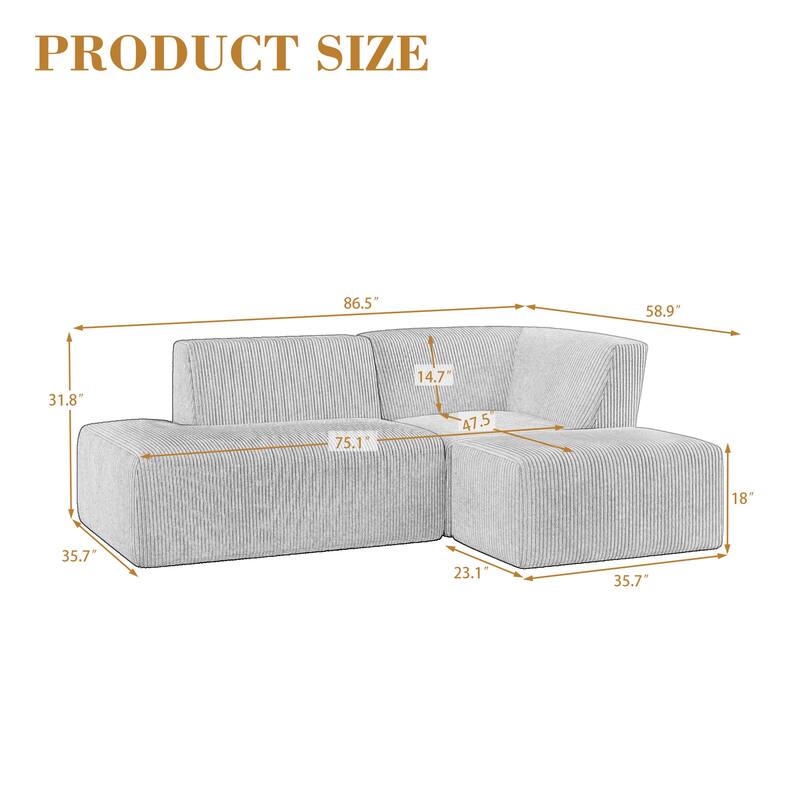 Modular All-Foam Corduroy Compression Sofa With Ottoman