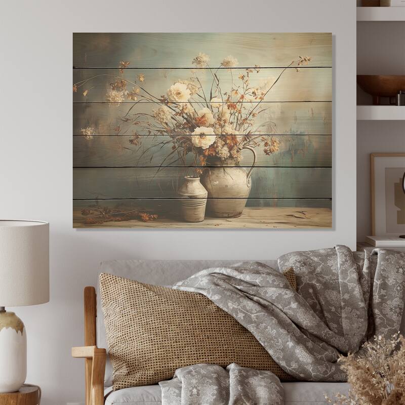 Designart "Floral Plants Bouquet Still Life Vase Oasis" Plants Wood Wall Decor - Beige Wood Panel On Natural Pine Wood