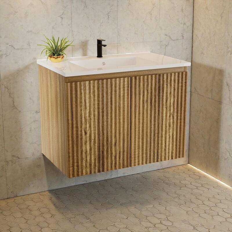 30 Inch Folding Wall Cabinet with Ceramic Sink, Patented 1-Minute Install, Space-Saving Modern Bathroom Cabinet