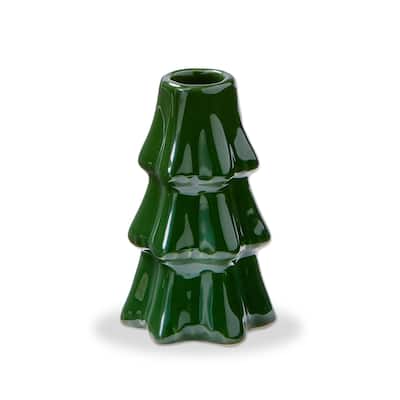 Large Pine Tree Taper Candle Holder Green Ceramic for Christmas 2.75 in x 2.75 in x 4.5 in Perfect for Taper Candles