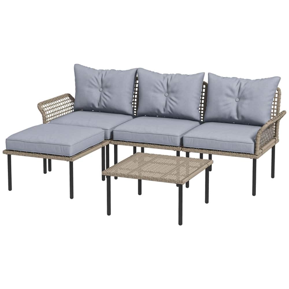 5-Piece Outdoor Patio Furniture Set PE Rattan Chairs Stool and Coffee Table with Cushions for Garden Balcony Porch