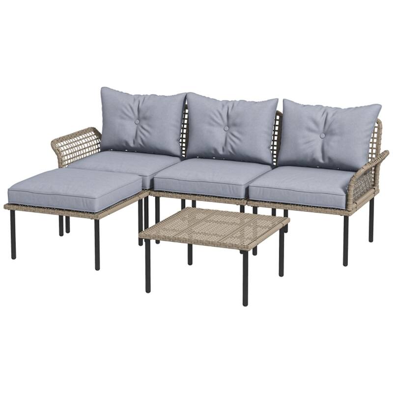 5-Piece Outdoor Patio Furniture Set PE Rattan Chairs Stool and Coffee Table with Cushions for Garden Balcony Porch - Grey